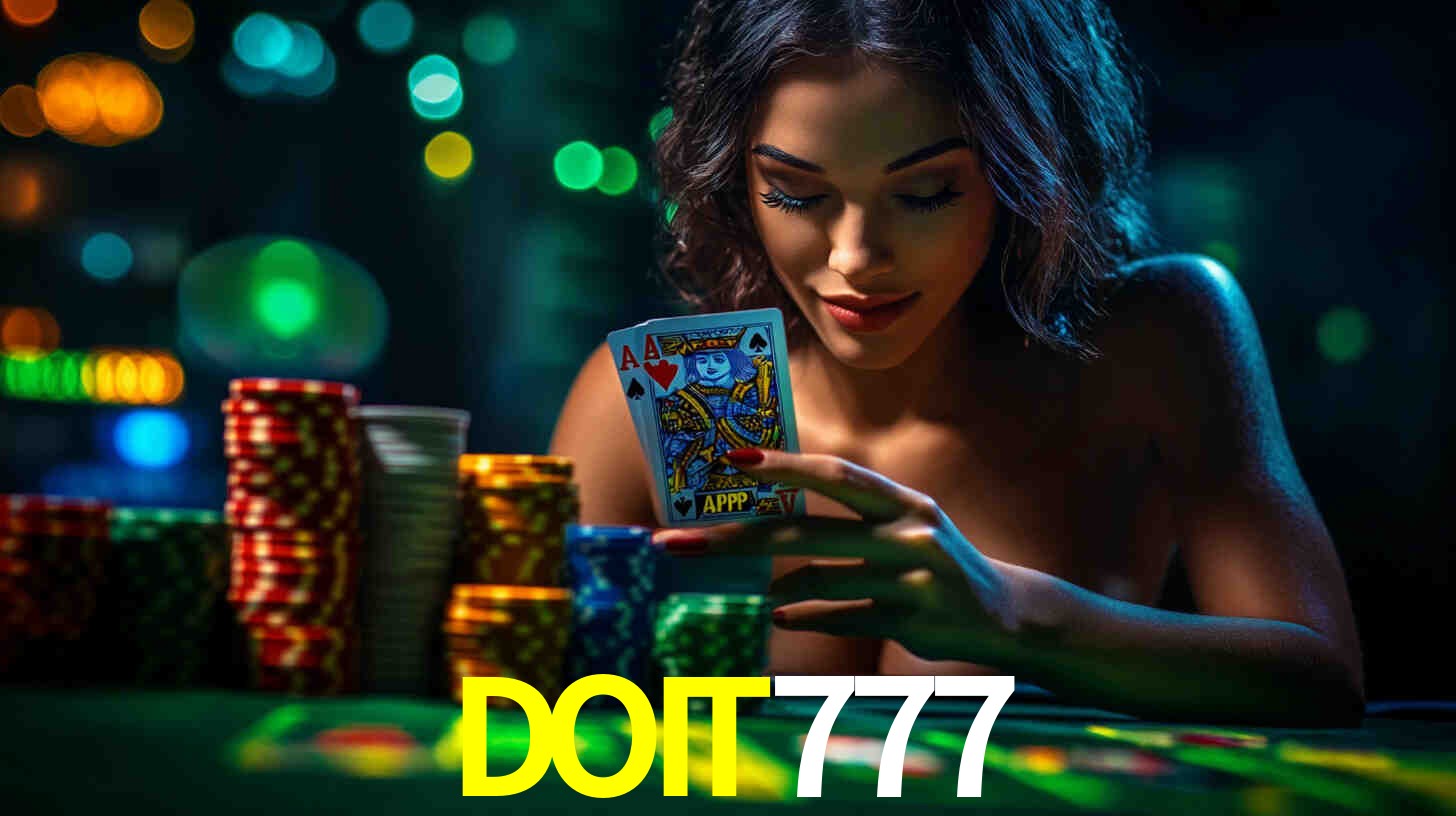 Escena dinámica inspirada en casino con iluminación DOIT777, cartas, fichas e íconos de juegos digitales en un espacio moderno de juegos.